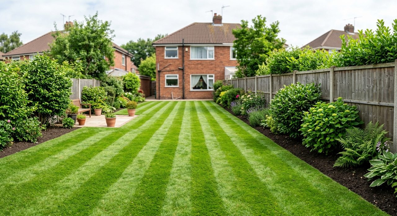 A freshly mown, striped green lawn in a British back garden