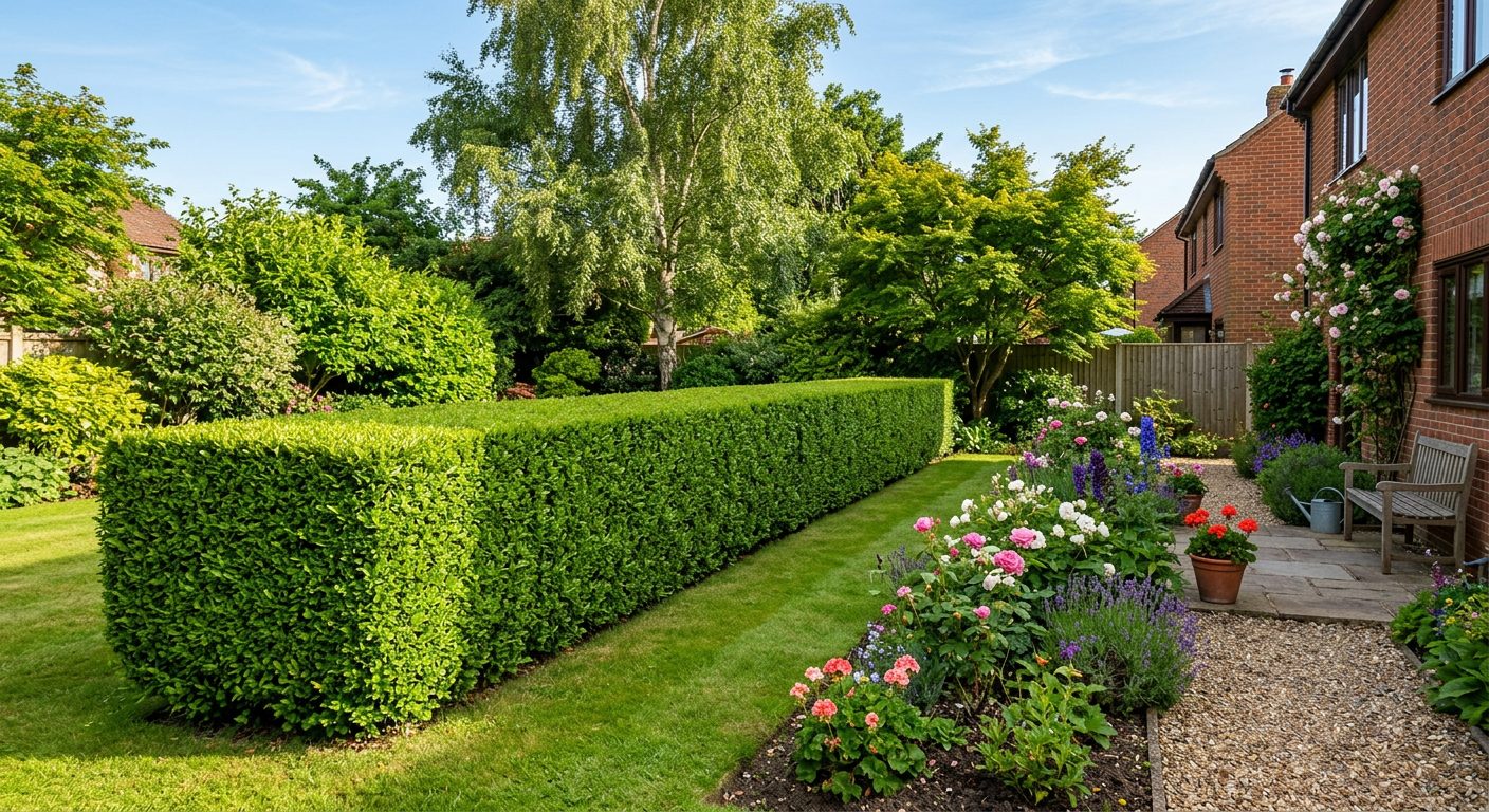 A trimmed Wolverhampton hedge with straight sides and a level top